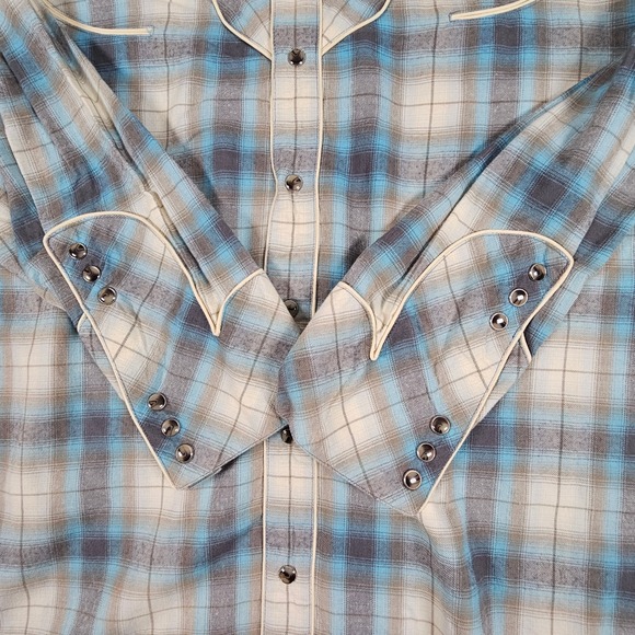 Scully Western Plaid Long Sleeve Snap Button‎ Shirt Men's Large Blue Gray Cream - Picture 5 of 8
